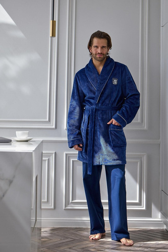 L&L Elegant 2664 чоловічий короткий вафельний халат м’який з коміром navy