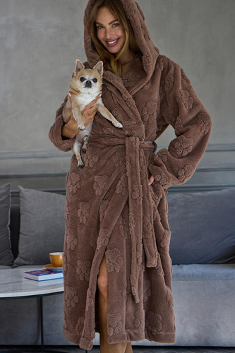 L&L Fibi 2635 жіночий довгий халат з капюшоном, м’який, принт лапки, шоколадний